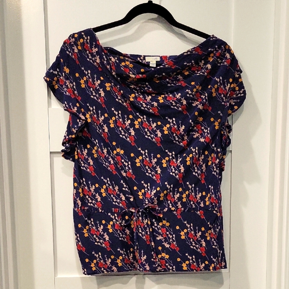Odille Blue and Red Ruffled Sailor Collar Silk Blouse
